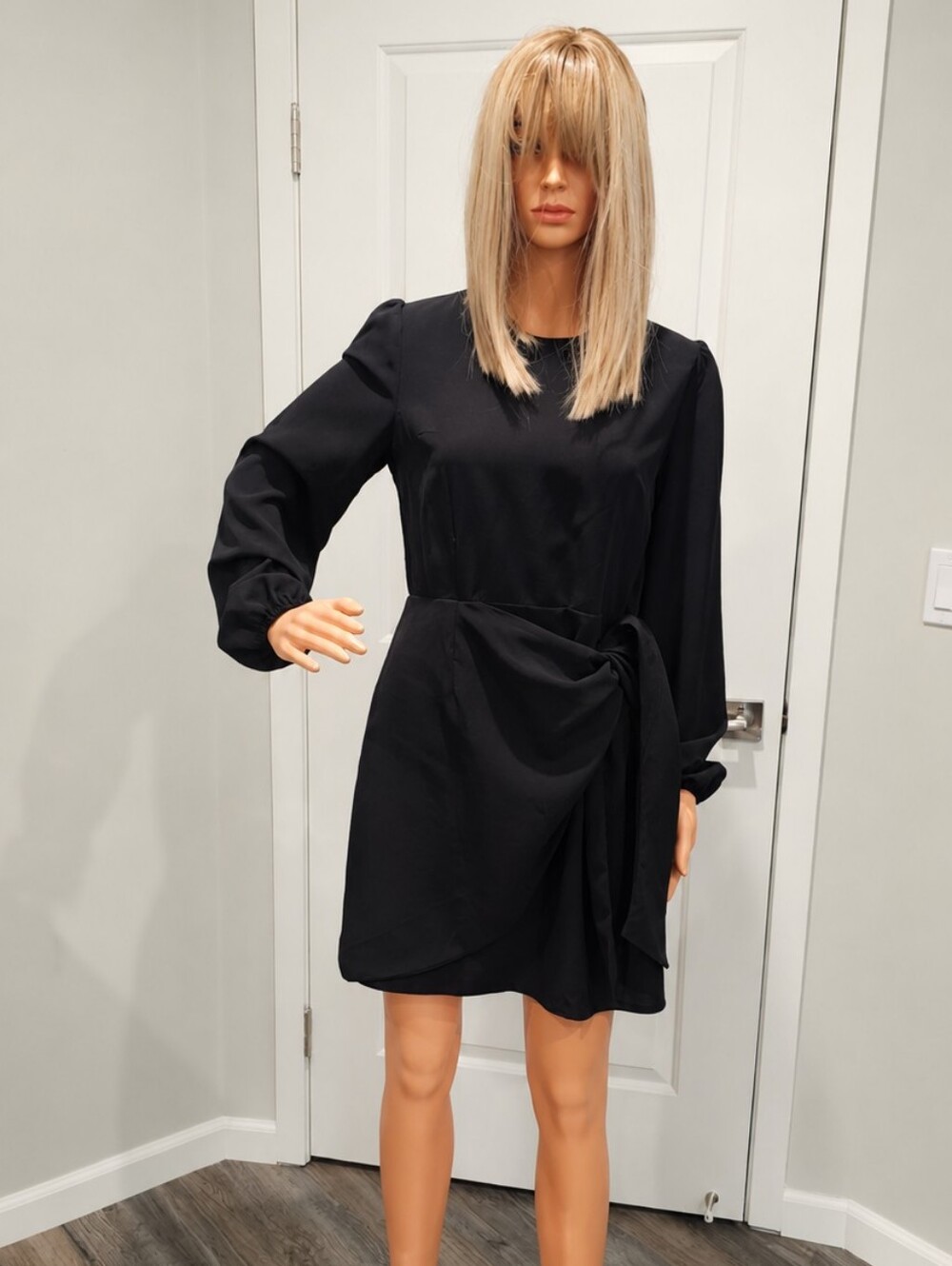 Black Long-Sleeve Tie-Waist Dress - Women's